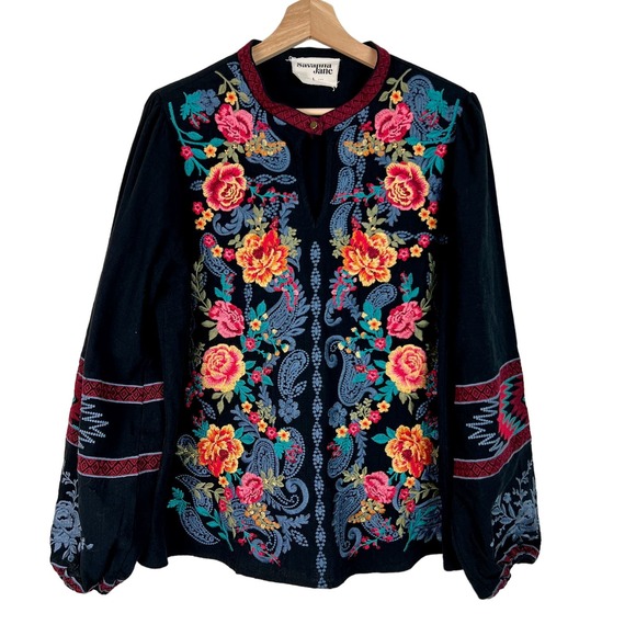 Savanna Jane Women's Embroidered Floral Boho Long Sleeve Top Large - Picture 2 of 10